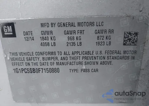 2015 Chevrolet Cruze 1Lt Auto from USA, damaged, VIN 1G1PC5SB0F7150880